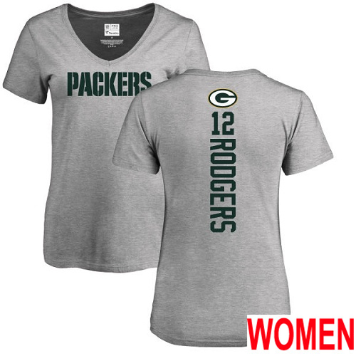 Green Bay Packers Ash Women #12 Rodgers Aaron Backer V-Neck Nike NFL T Shirt->women nfl jersey->Women Jersey